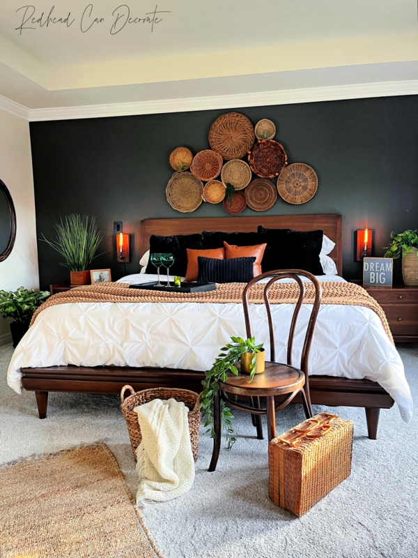 Platform Bed and a Woven Basket Wall Gallery on Charcoal Accent Wall