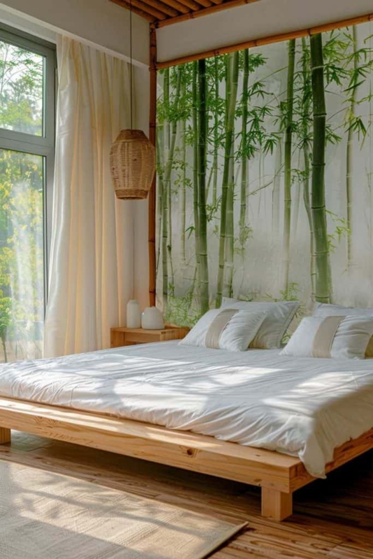 Platform Bed Bamboo Forest Mural Woven Pendant Zen Bedroom Decor