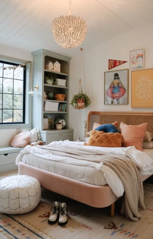 Platform Bed: Cane Headboard with Blush Upholstery