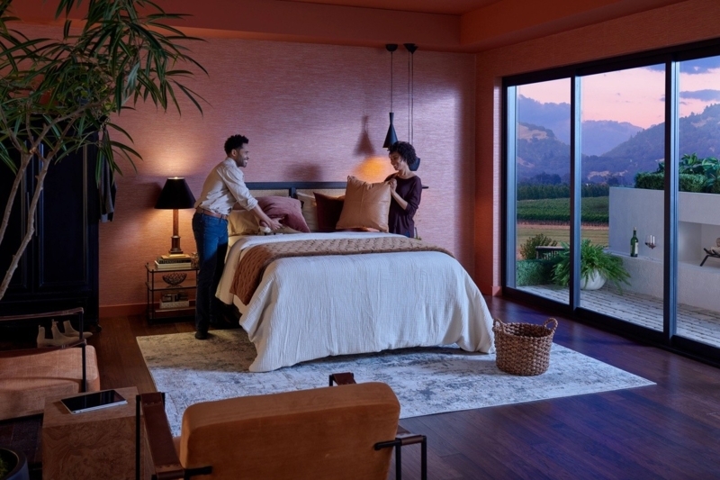 Platform Bed Cane Inset Headboard Textured Mauve Walls Design Ideas