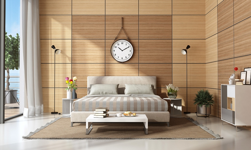 Platform Bed Grey Upholstered Horizontal Slat Wall Scandi Minimalist