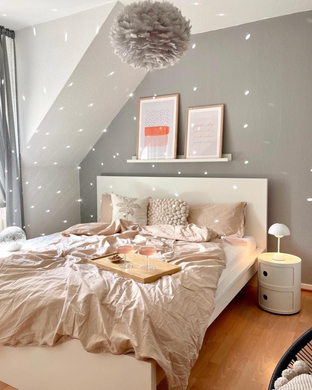 Platform Bed in Attic Bedroom with Feather Pendant Light.