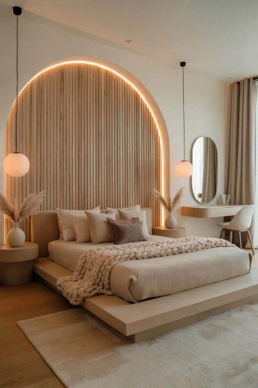 Platform Bed in Backlit Alcove with Japandi Bedroom Slatted Wall