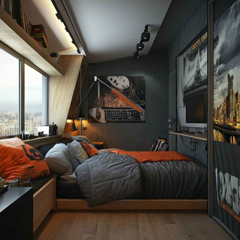 Platform Bed in Industrial Loft with Integrated Window Shelving