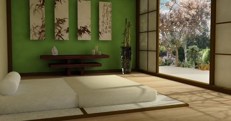 Platform Bed Moss Green Walls Shoji Doors Minimalist Japanese Style