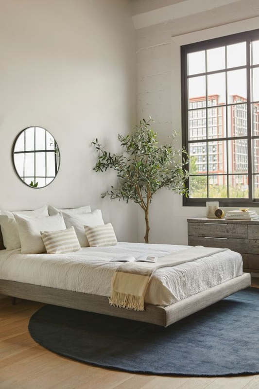 Platform Bed Navy Round Rug Large Round Mirror Grey Upholstered Zen