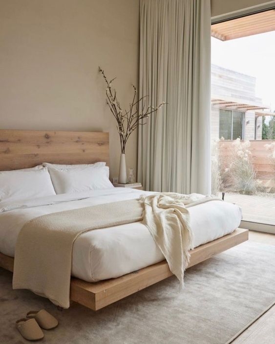Platform Bed Recessed Base Natural Wood Low Profile Japandi Design