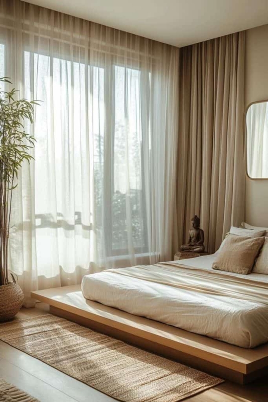 Platform Bed Sheer Floor Length Drapery Neutral Tone Zen Retreat