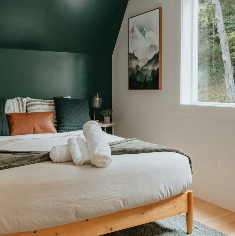 Platform Bed Sloped Ceiling Design Forest Green Wall Attic Bedroom