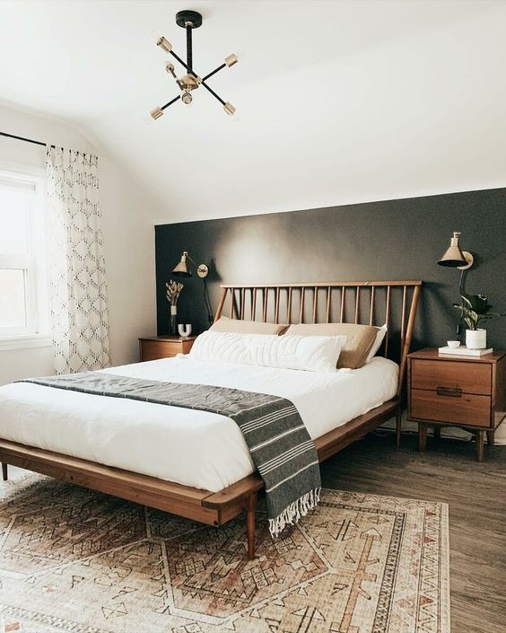 Platform Bed Spindle Headboard Charcoal Accent Wall Mid-Century Modern