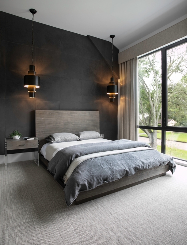 Platform Bed Tiled Accent Wall Tiered Pendant Lights Low Profile