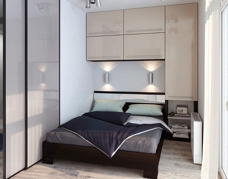 Platform Bed under Glossy Tan Overhead Storage Bridge