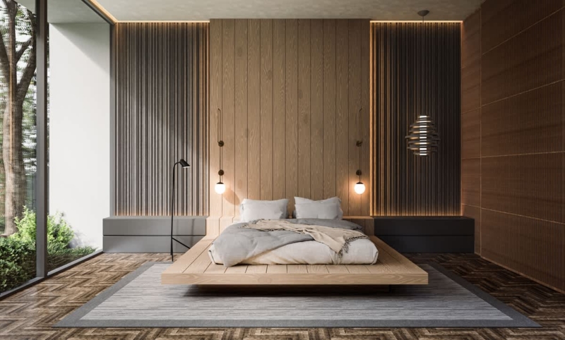 Platform Bed Vertical Slat Panels Herringbone Wood Floor Zen Design