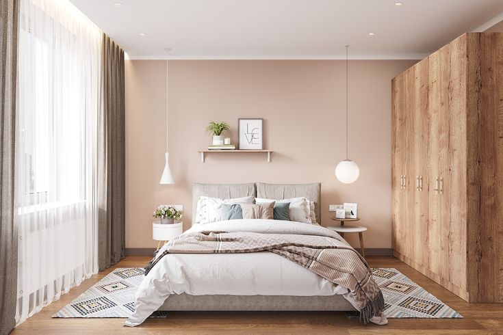 Platform Bed with Asymmetrical Pendants and Blush Neutral Palette