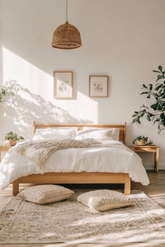 Platform Bed with Chunky Knit Throw and Woven Pendant Light