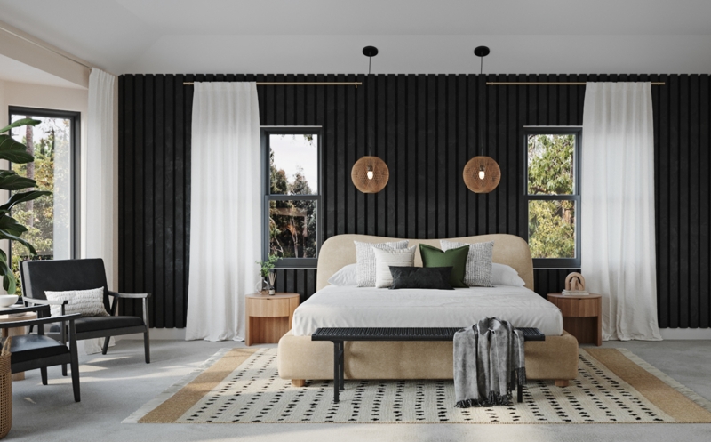 Platform Bed with Curved Headboard | Slatted Accent Wall Bedroom