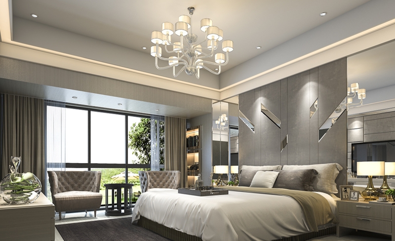 Platform Bed with Geometric Mirror Accents and Grey Wall Paneling