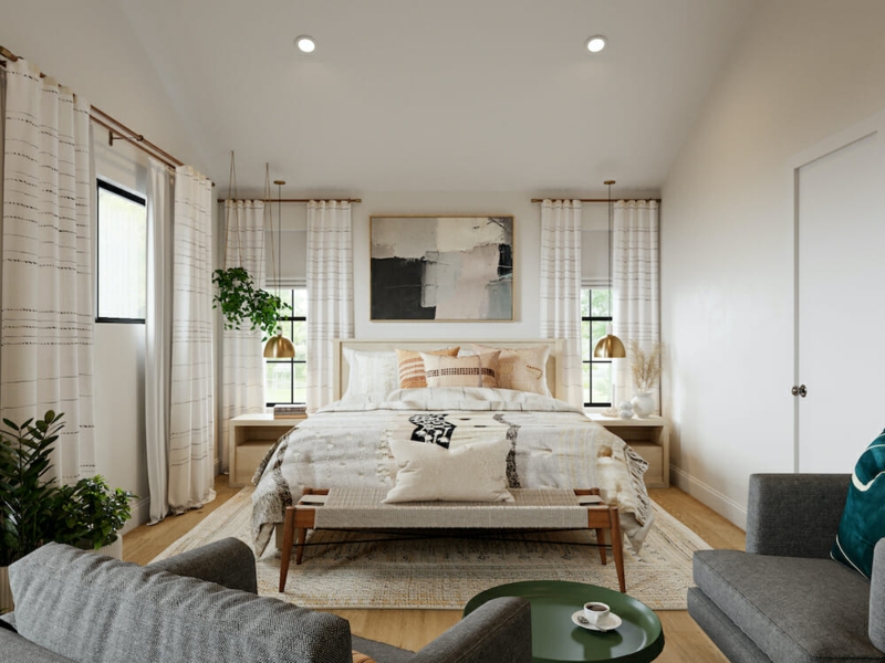 Platform Bed with Gold Pendant Lights & Vaulted Ceiling, Boho Chic
