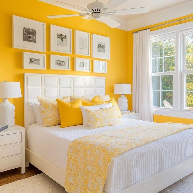 Platform Bed with Grid Tufted Headboard and Gallery Wall