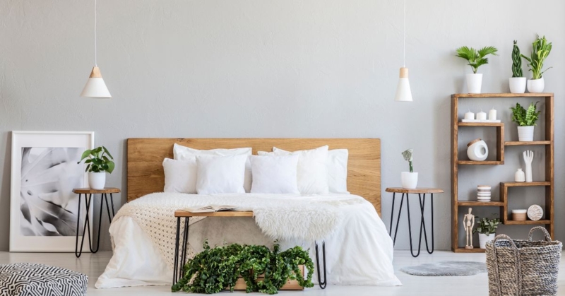 Platform Bed with Hairpin Legs and Integrated Indoor Greenery