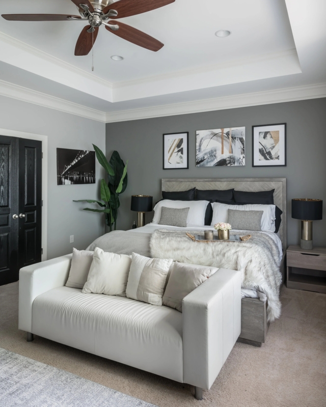 Platform Bed with Herringbone Headboard & Charcoal Accent Wall
