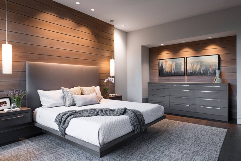 Platform Bed with Horizontal Wood Plank Wall and Integrated Pendants