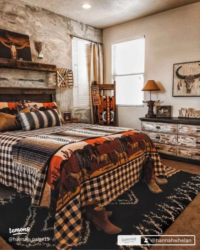Platform Bed with Horse Motif Quilt and Buffalo Check Bedding