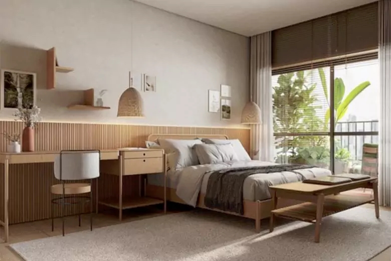 Platform Bed with Integrated Desk Headboard and Ribbed Wall Detail