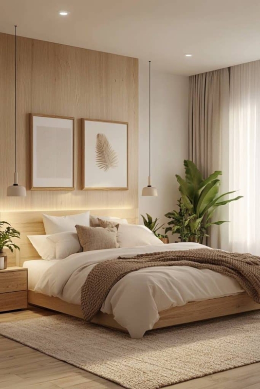 Platform Bed with Integrated Headboard Light and Wood Paneling