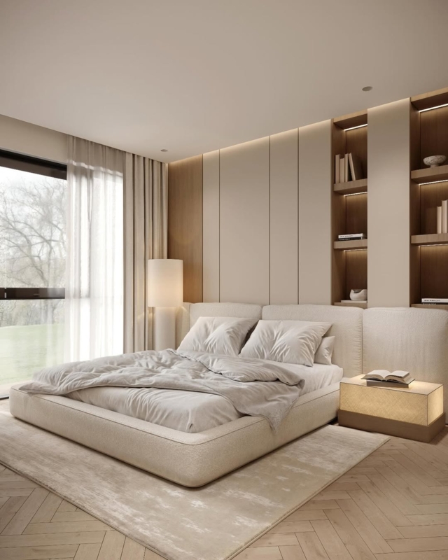 Platform Bed with Integrated Shelf Lighting & Wrap-Around Headboard