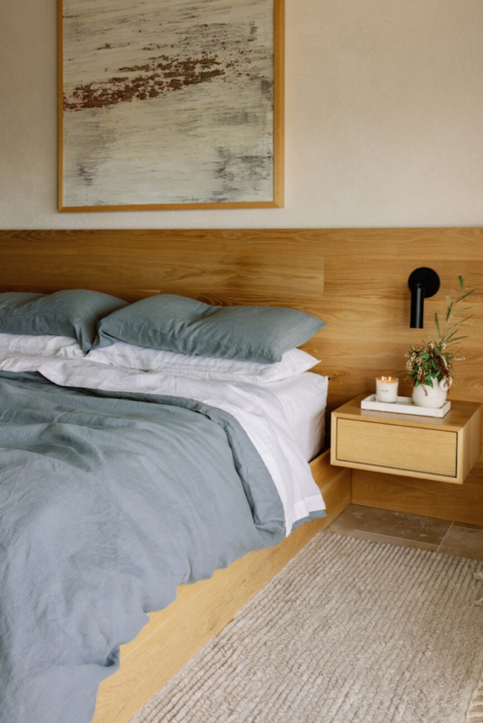 Platform Bed with Integrated Wood Headboard and Floating Nightstand