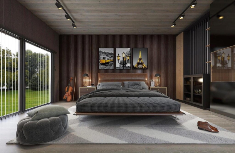 Platform Bed with Leather-Like Headboard and Slatted Accent Wall