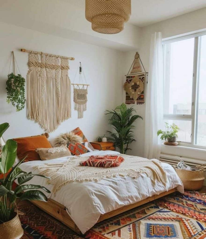 Platform Bed with Oversized Macrame Art and Low Profile Design