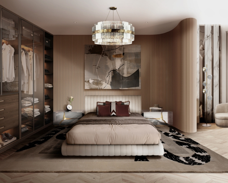 Platform Bed with Ribbed Curved Wall & Glass Front Wardrobe