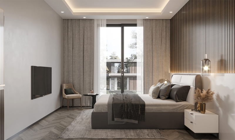 Platform Bed with Ribbed Wood Wall and Herringbone Floors