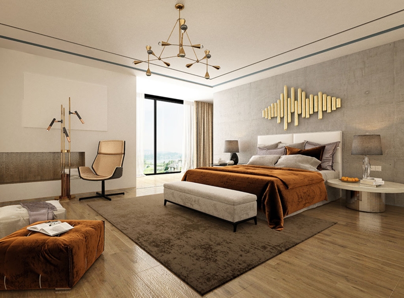 Platform Bed with Rust Velvet Duvet and Concrete Feature Wall
