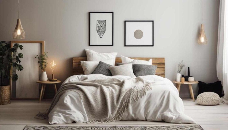 Platform Bed with Slatted Wood Headboard and Symmetrical Pendants