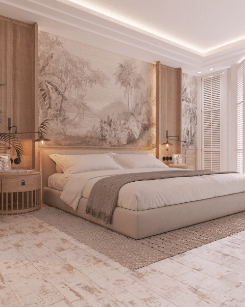 Platform Bed with Slatted Wood Paneling and Tropical Mural