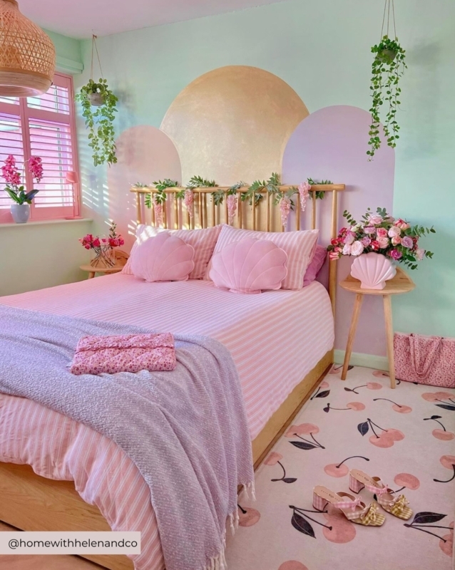 Platform Bed with Spindle Headboard & Cherry Print Rug.