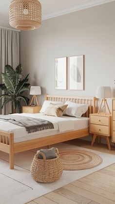 Platform Bed with Tripod Lamps and Woven Textures in Nordic Bedroom