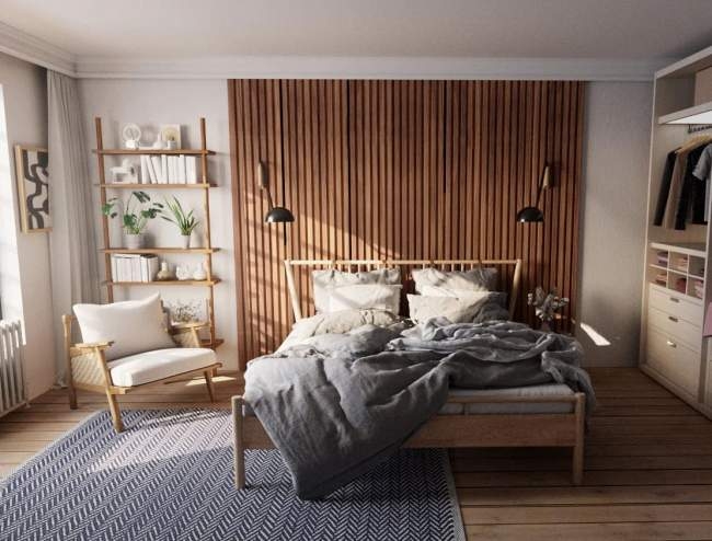 Platform Bed with Vertical Slat Wall Headboard & Ladder Bookshelf