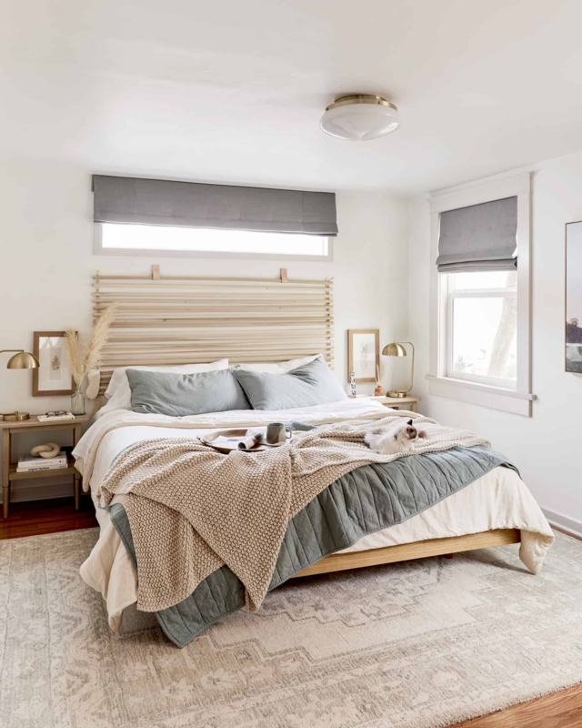 Platform Bed with Wood Slat Headboard and Sage Green Accents