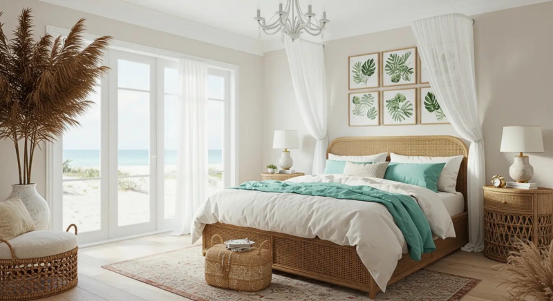 Platform Bed with Woven Cane and Botanical Grid Art Decor