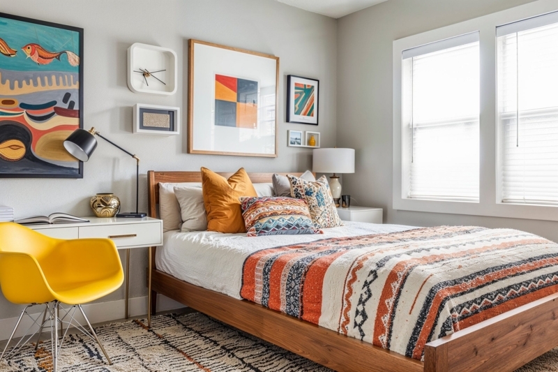 Platform Bed: Wood-Toned Frame with Eclectic Gallery Wall