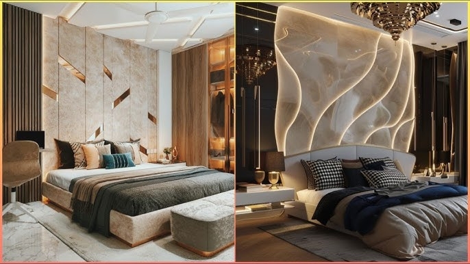 Platform Beds with Backlit Accent Walls and Organic Wave Headboard