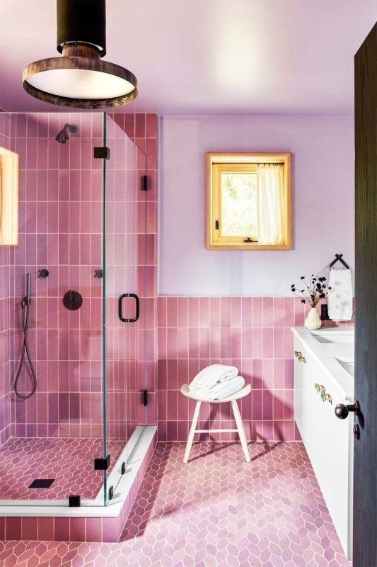 Playful Bathroom with Pink Picket Floor Tiles and Lavender Upper Walls