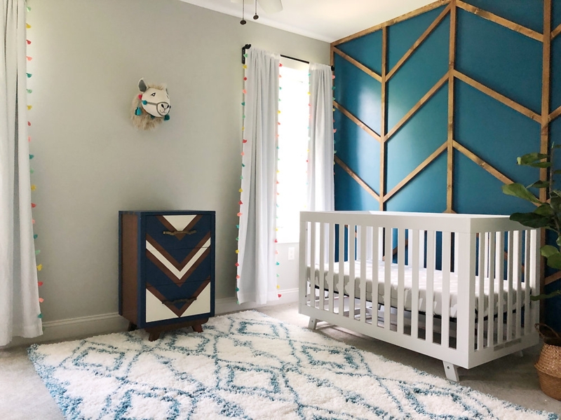 Playful Teal Nursery: Wood Chevron Accent Wall & Pom-Pom Curtains