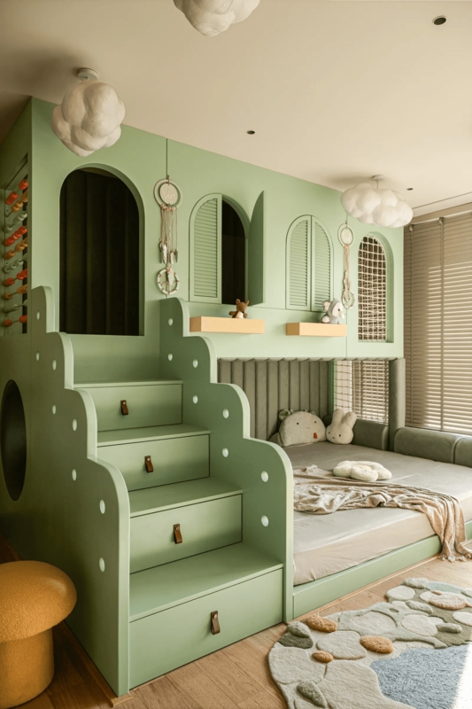 Playhouse Bunk Bed in Sage Green with Storage Stairs and Cloud Lighting
