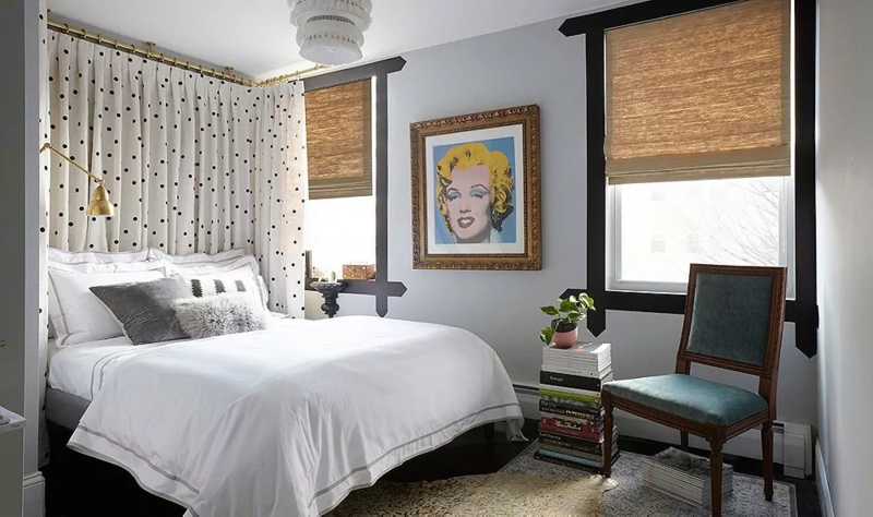 Polka Dot Drapes and Woven Roman Shades Eclectic Bedroom Ideas