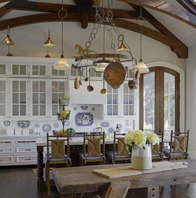 Pot Rack Chandelier over Island in Rustic French Country Kitchen